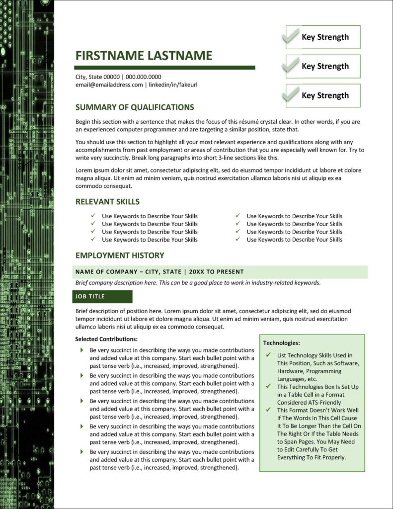 MS Word Resume Template for IT & Computer Professions