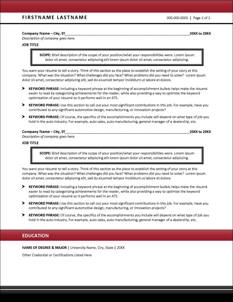 Automotive Industry Resume Template for MS Word