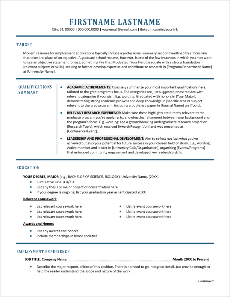 Standout Graduate School Resume Template | Distinctive Templates