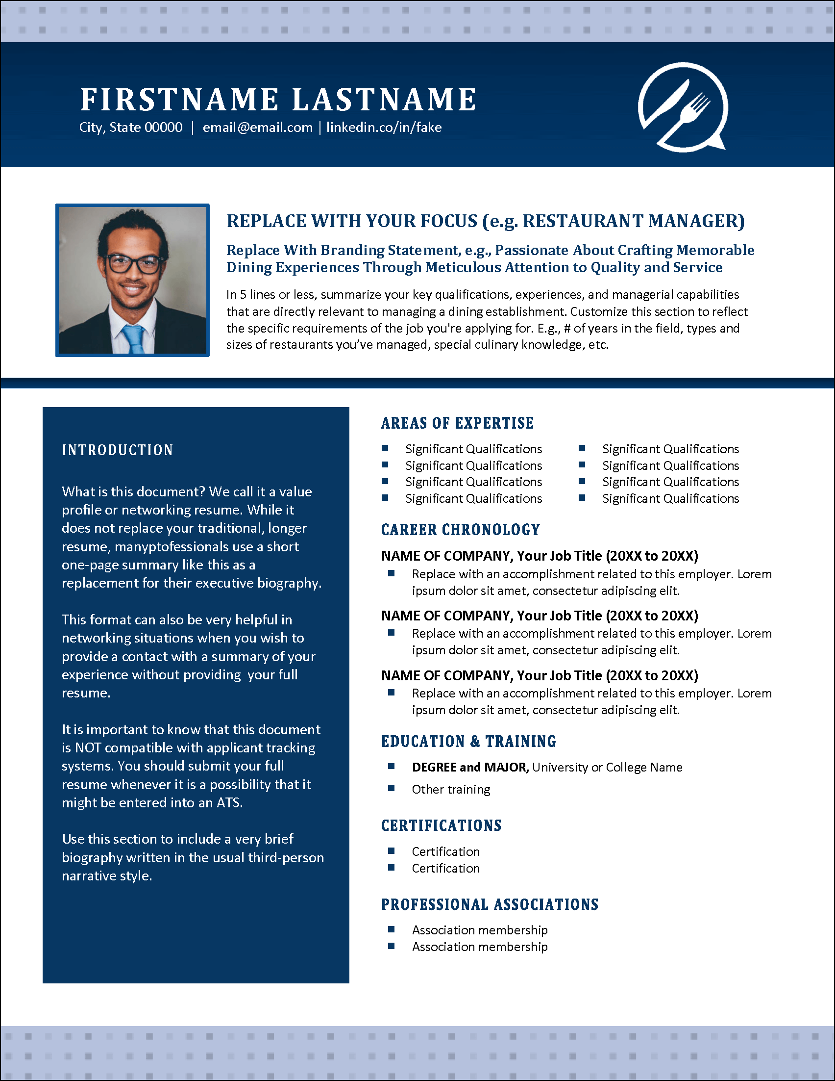 Restaurant Manager Networking Resume Template