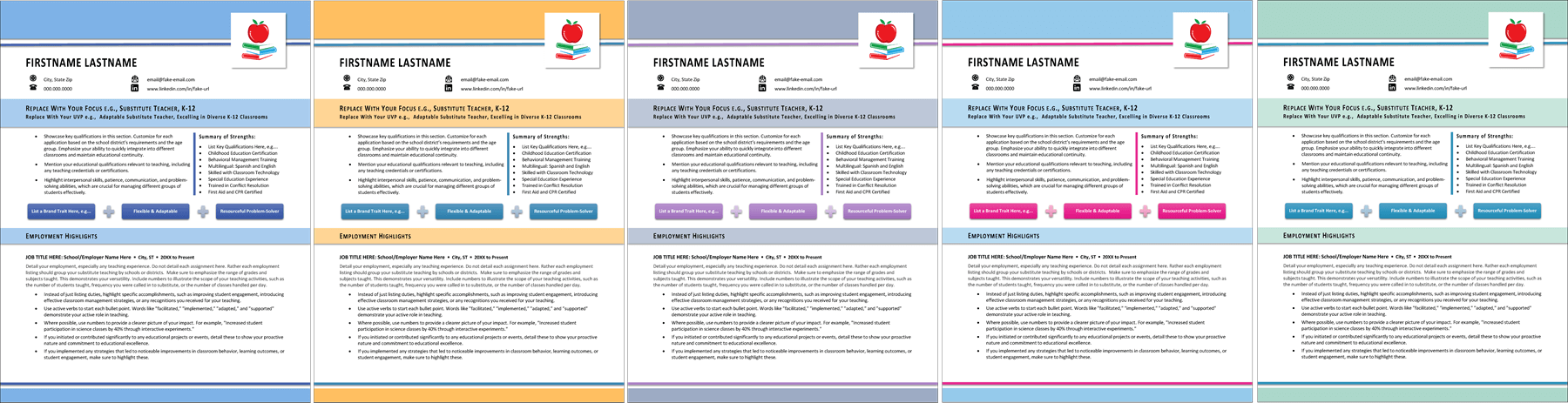 Substitute Teacher Resume Color Options