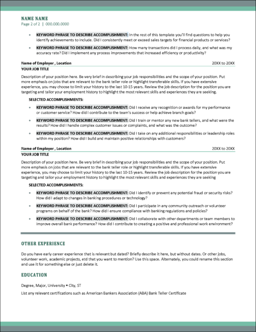 Trusted Teller Resume Page 2