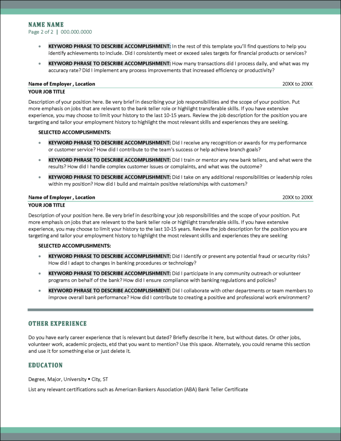 Trusted Teller Resume Page 2