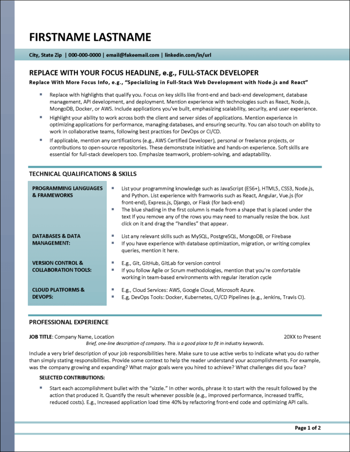 CodeStar Full Stack Developer Resume Page 1