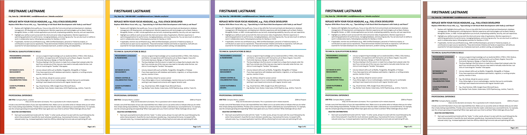 Full Stack Developer Resume Color Schemes